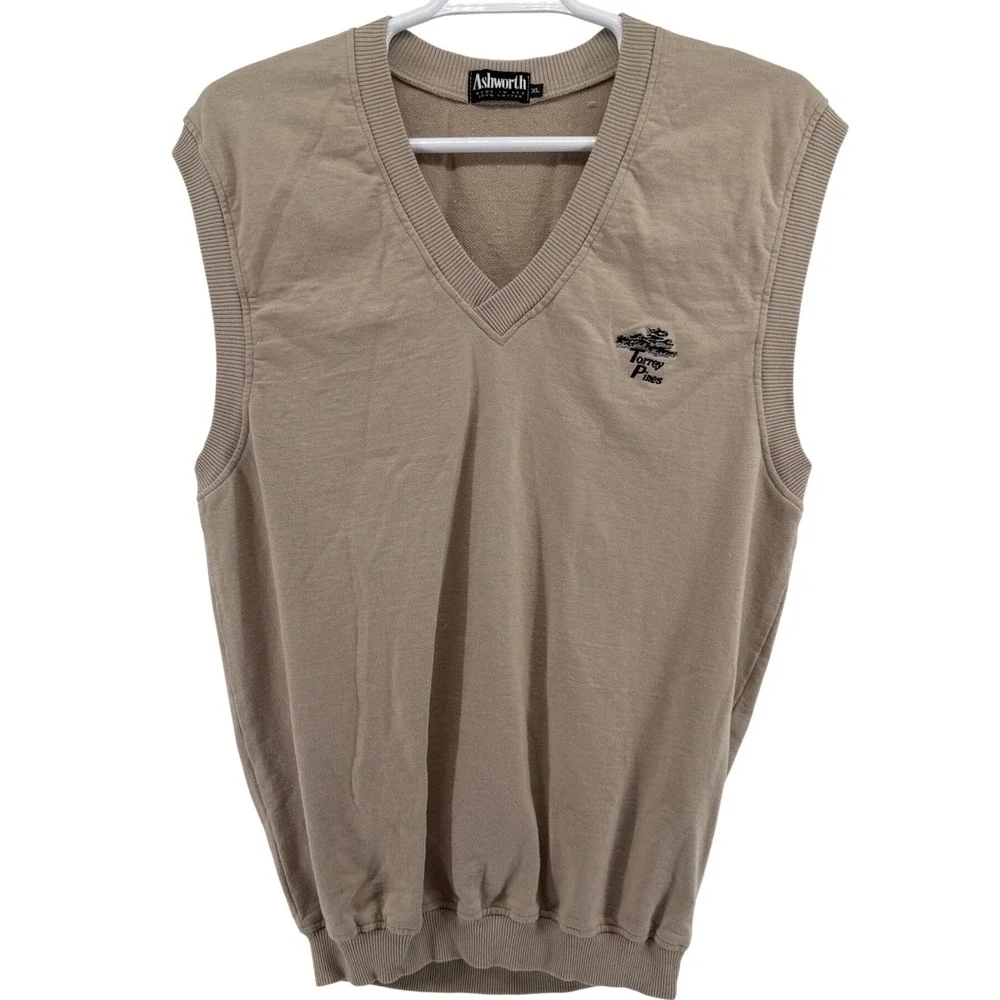 Ashworth Torrey Pines Mens XL Tan Cotton V-Neck Golf Sweater Vest Made in USA
